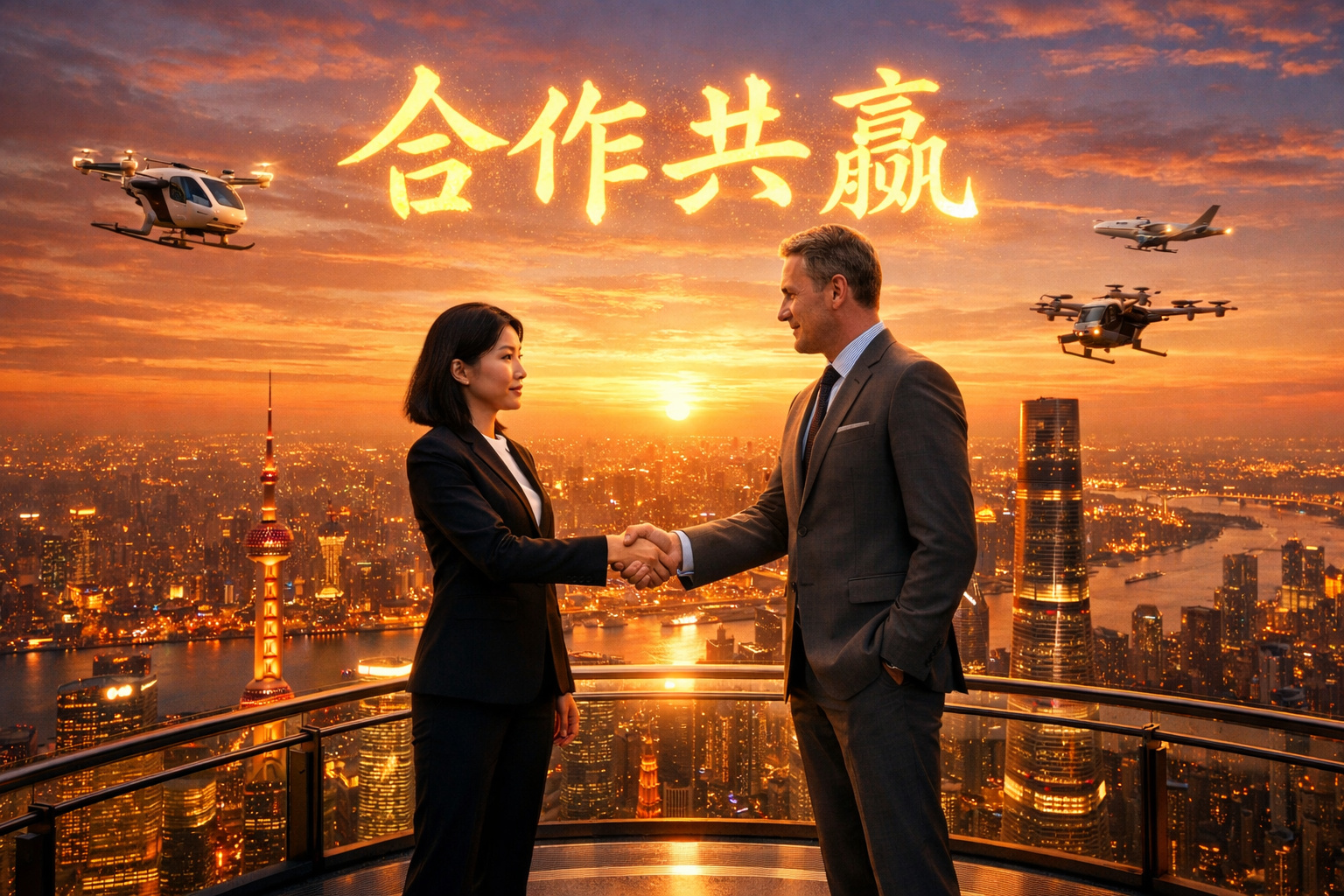 Aperto de mão com Shanghai ao fundo